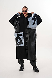 Jean Detaylı Deri Garnili Siyah Kap