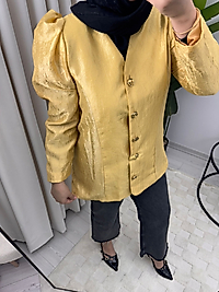 Gold Düğmeli Omuz Büzgülü Sarı Ceket