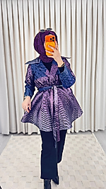 Kuşaklı Dokulu Mor Mavi Işıltılı Şık Ceket