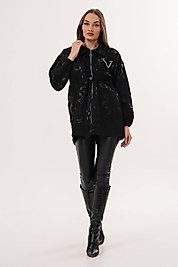 Desenli Taş Aplikeli Siyah Ceket