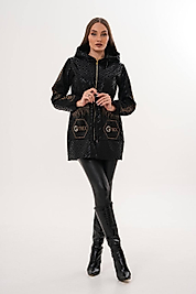 Taş Cep Aplikeli Desenli Siyah Ceket