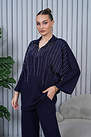 Taş Aplikeli Kapüşonlu Uzun Lacivert Trenç Elbise