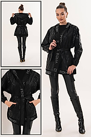 Siyah Desenli Kuşaklı Kapüşonlu Ceket