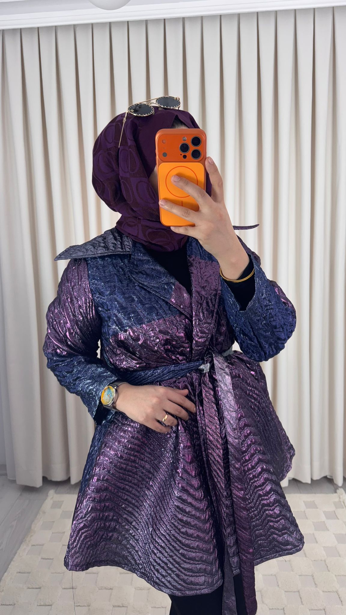 Kuşaklı Dokulu Mor Mavi Işıltılı Şık Ceket