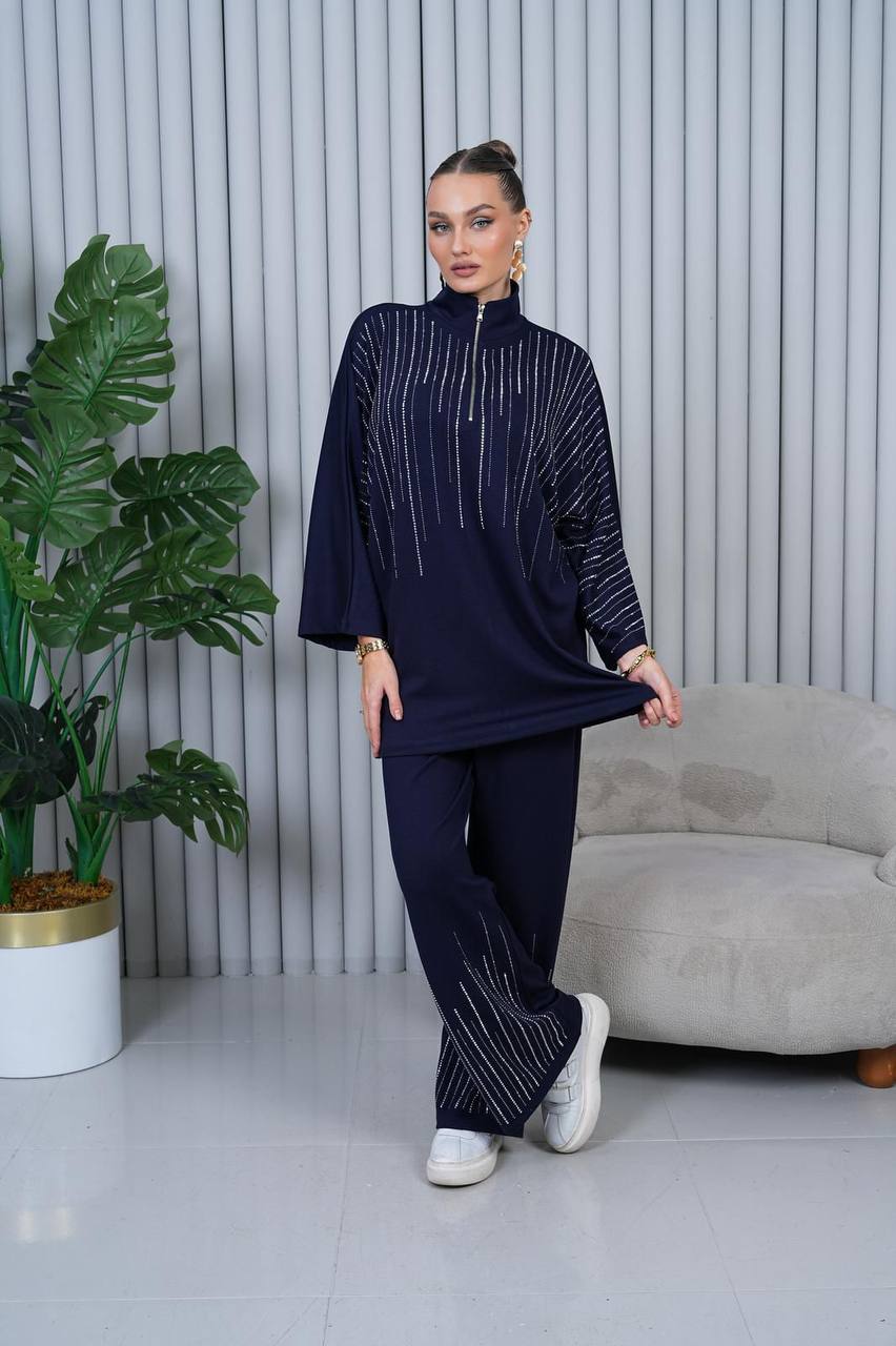 Taş Aplikeli Kapüşonlu Uzun Lacivert Trenç Elbise