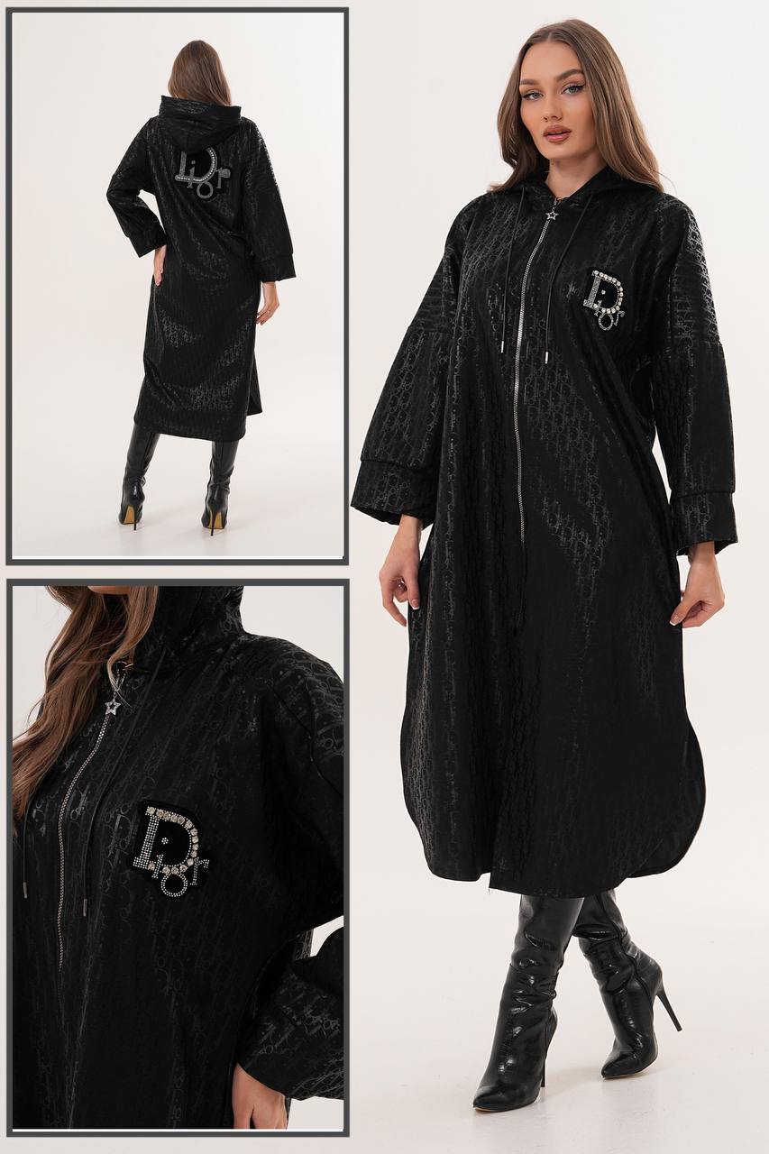 Taş Aplikeli Kapüşonlu Uzun Siyah Trenç Elbise
