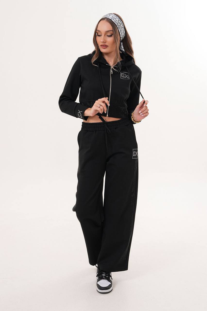 Taş Detaylı Siyah Crop Eşofman Takım