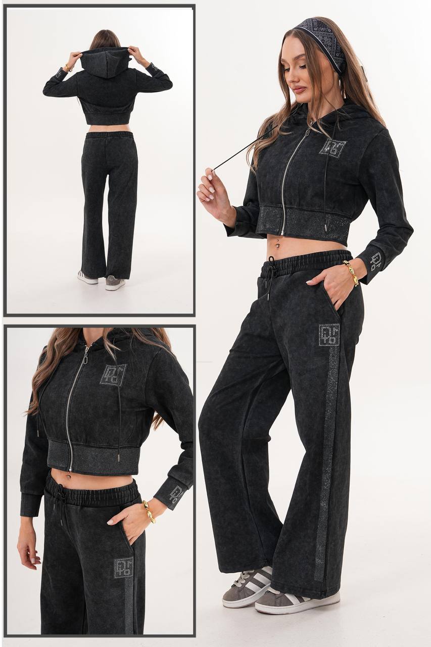 Yıkamalı Crop Kapüşonlu Eşofman Takım