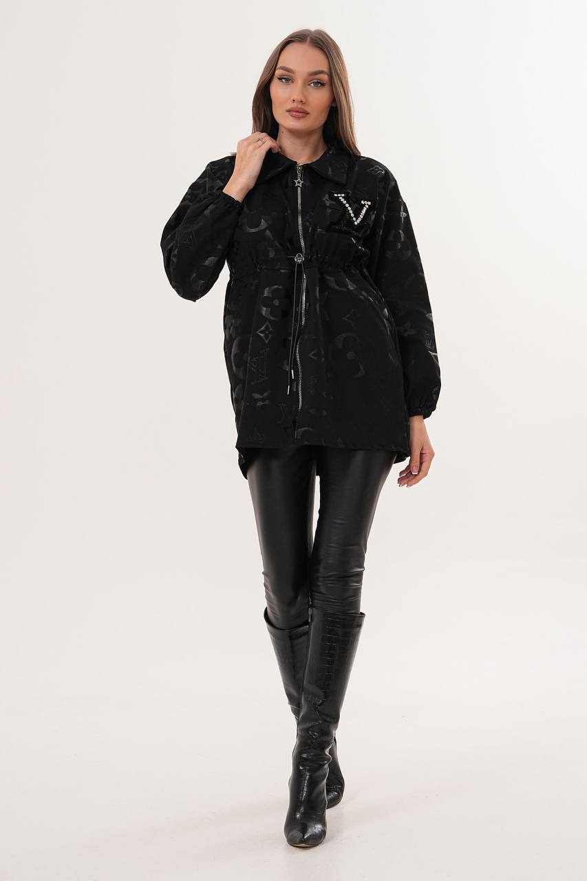 Desenli Taş Aplikeli Siyah Ceket