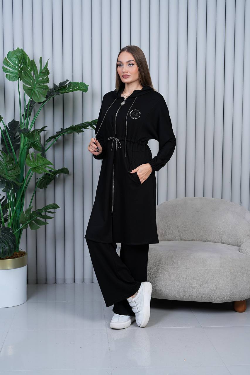 Kapüşonlu Fermuarlı Siyah Rahat Takım