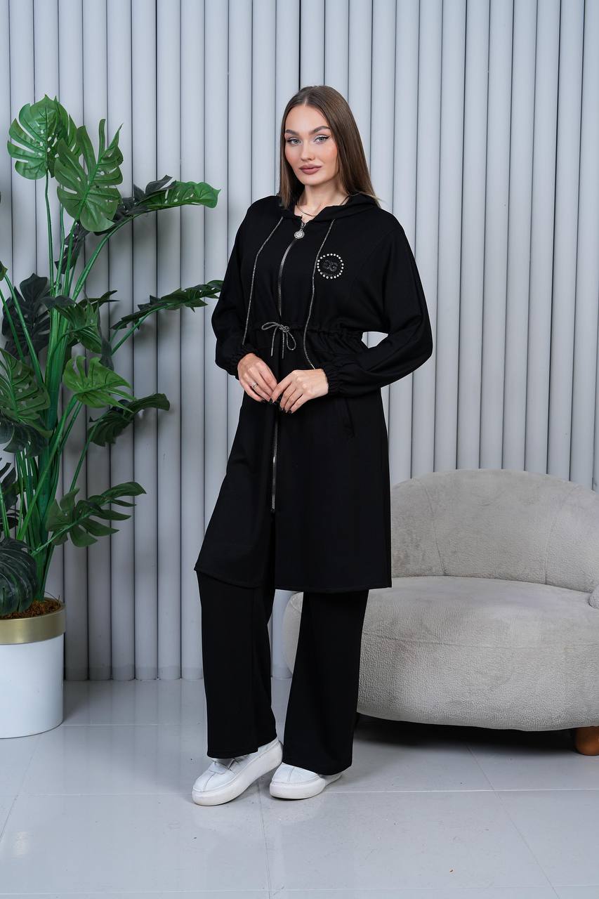 Kapüşonlu Fermuarlı Siyah Rahat Takım