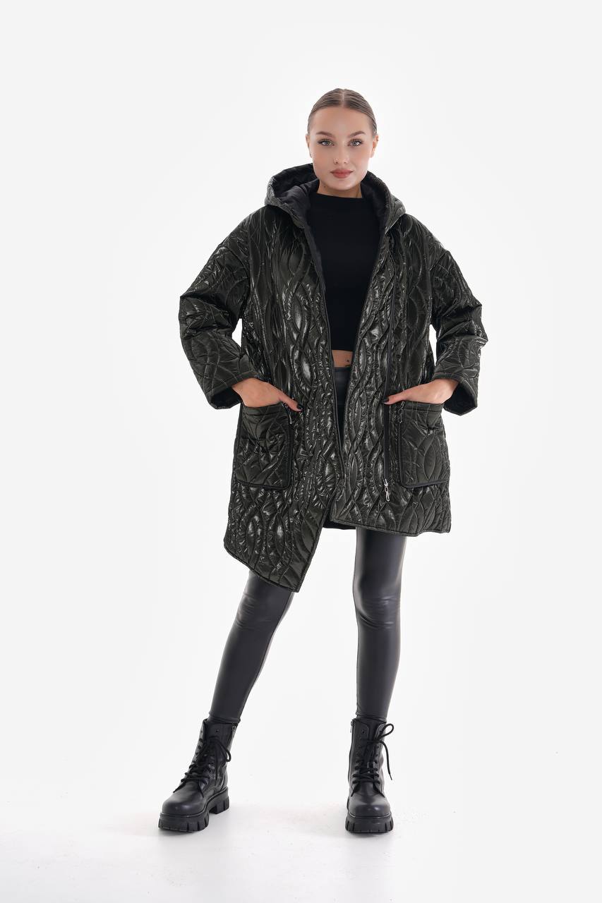 Kapüşonlu Kapitone Haki Antrasit Mont