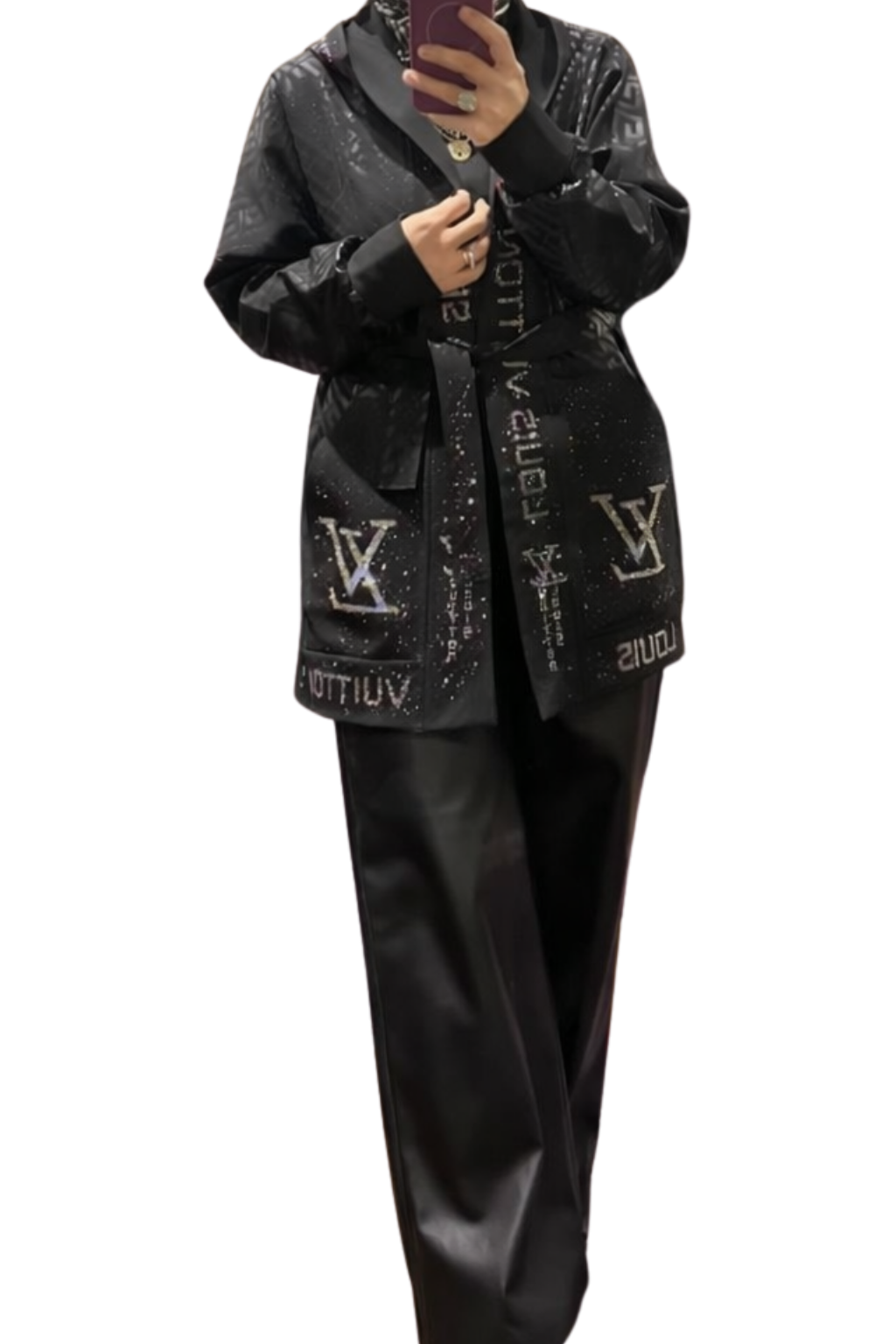 Desenli Kuşaklı Uzun Siyah Trenç