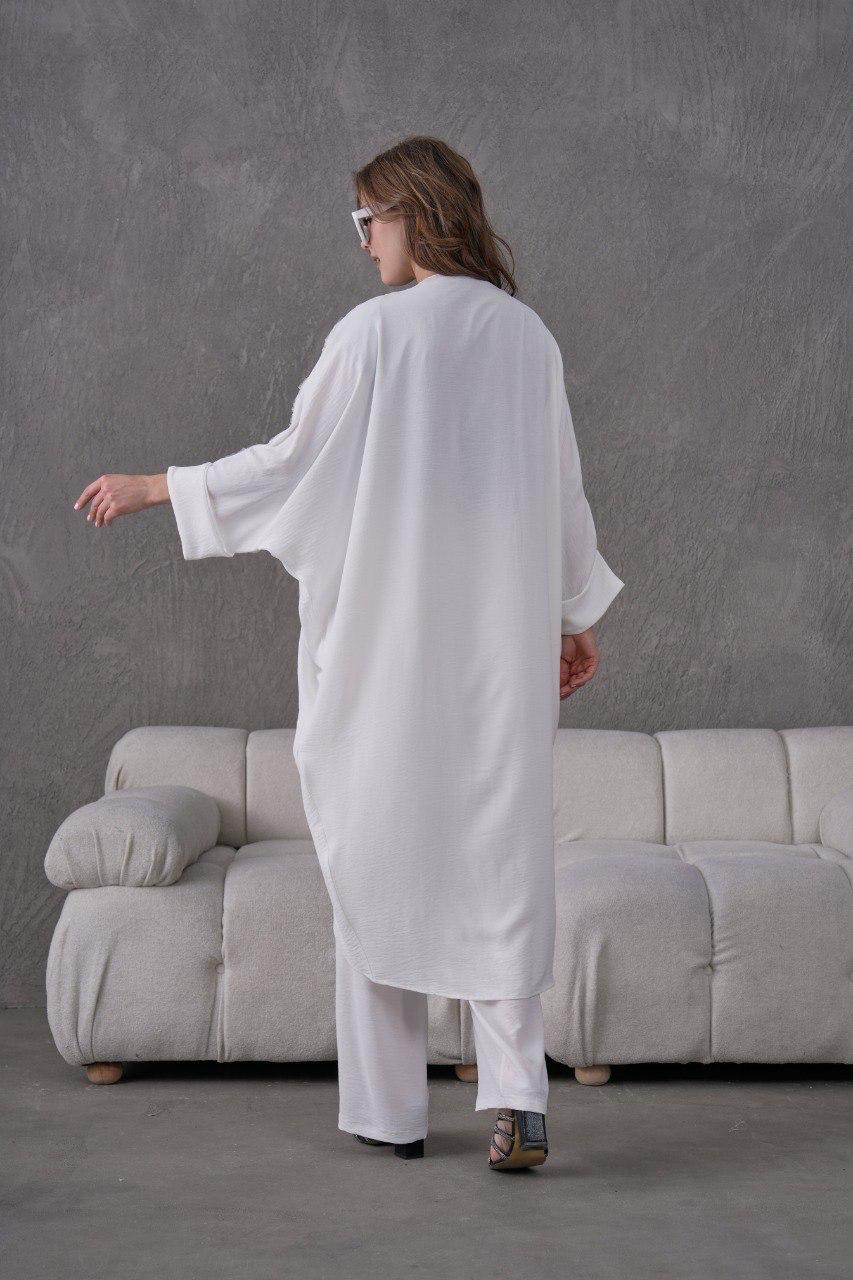 Taş Detaylı Yarım Çiçek Beyaz Kimono Takım