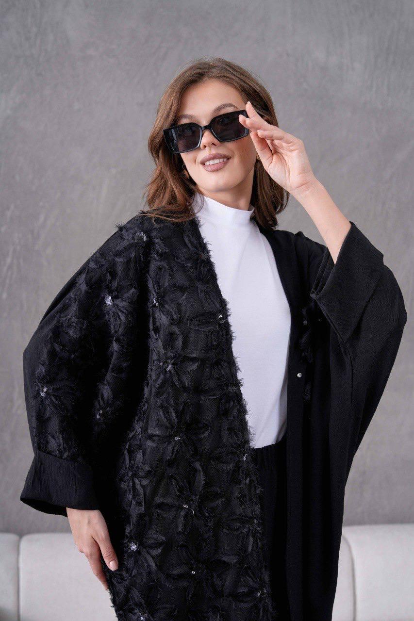 Çiçek Aplikeli Taş Detaylı Siyah İkili Takım