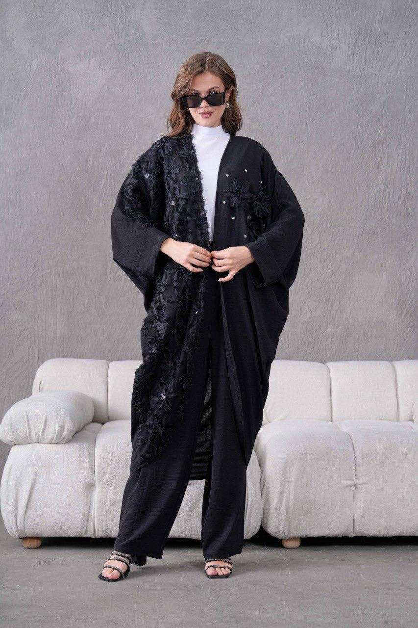 Çiçek Aplikeli Taş Detaylı Siyah İkili Takım