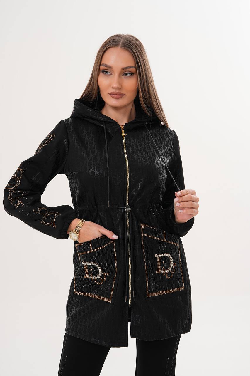 Gold Taş Detaylı Kapüşonlu Kuşaklı Kadın Ceket