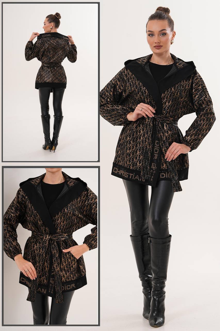 Gold Desen Kuşaklı Kapüşonlu Ceket