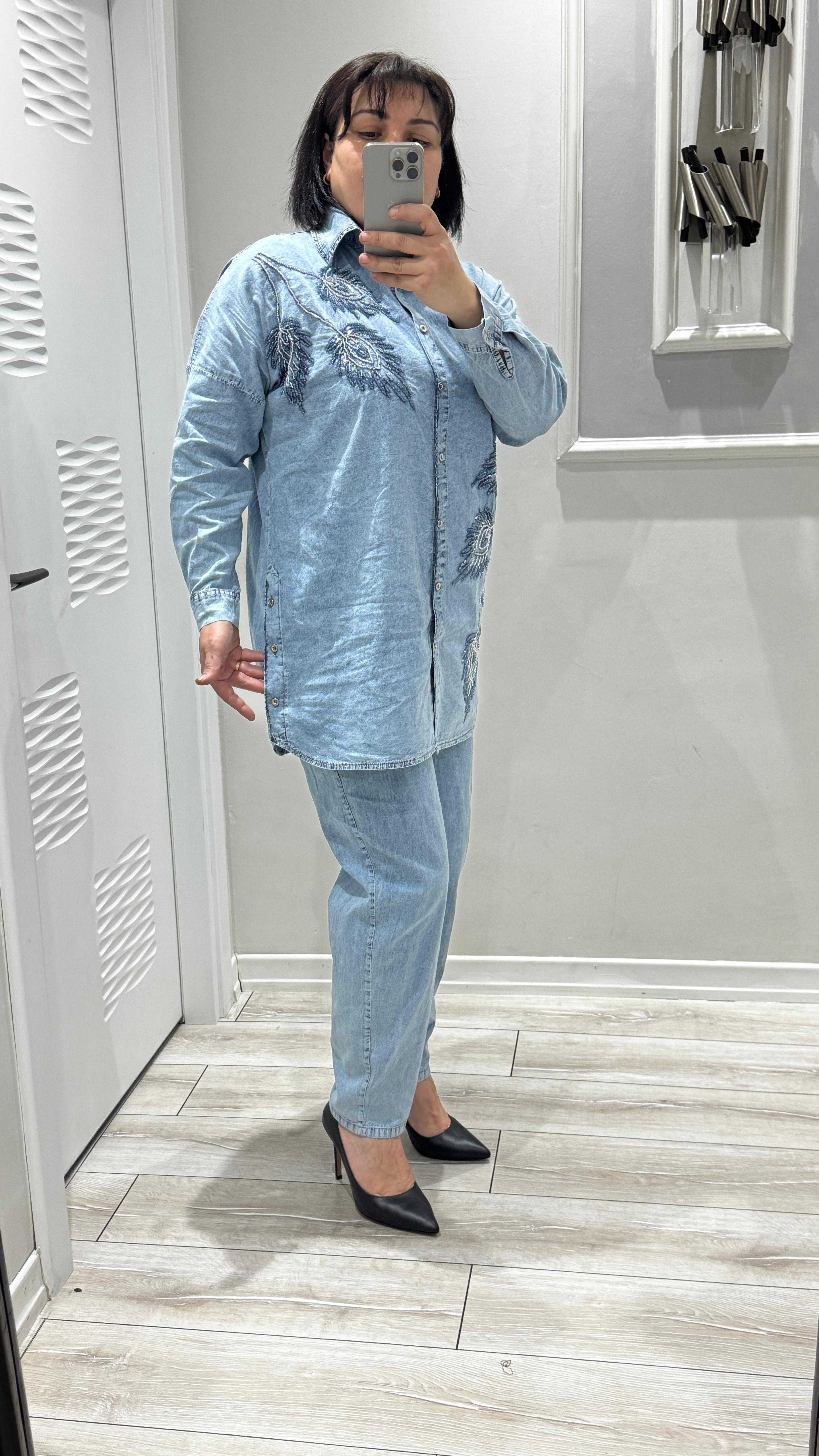 Tüy Nakışlı Kot Gömlek Pantolon Takım