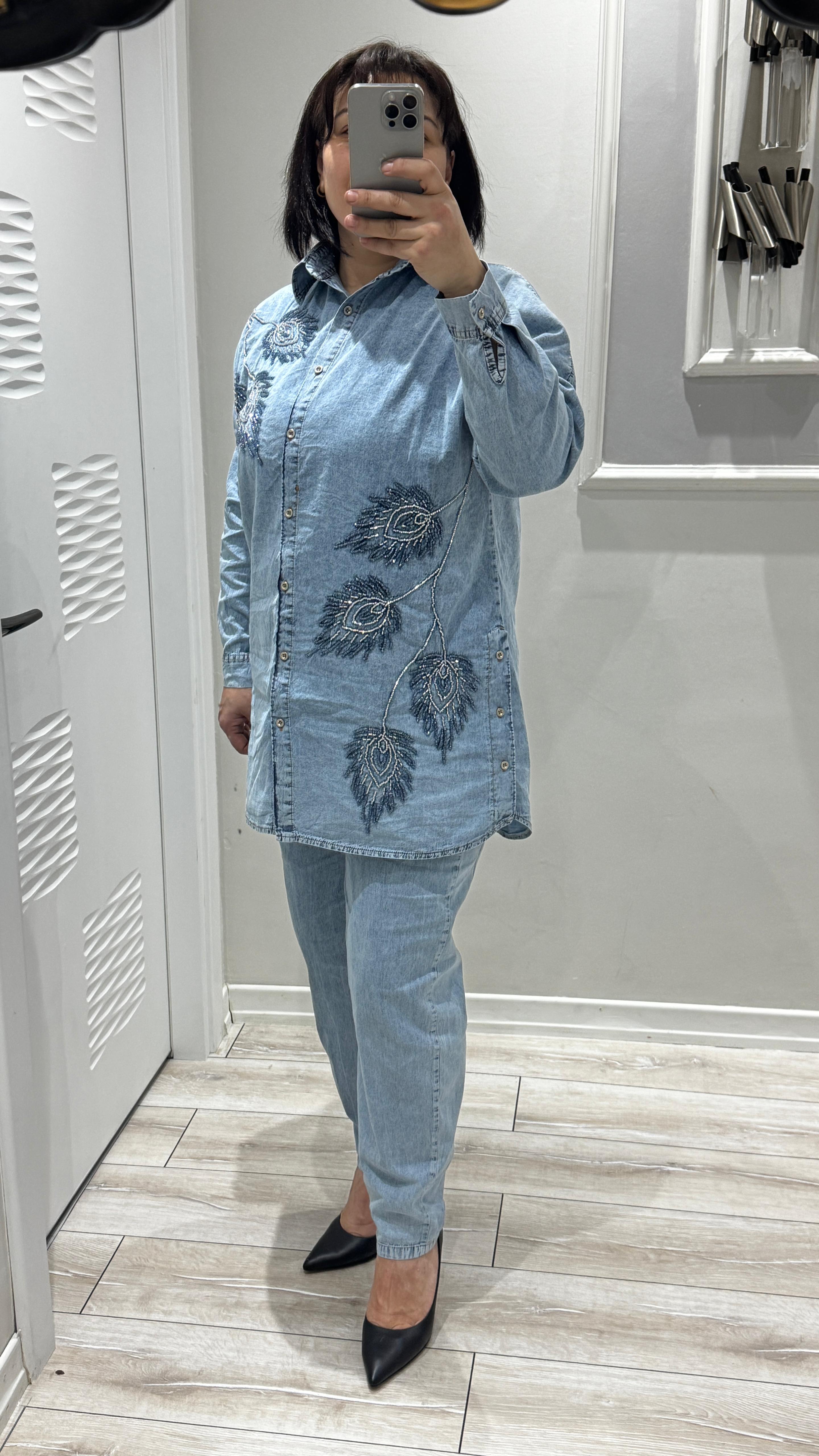 Tüy Nakışlı Kot Gömlek Pantolon Takım